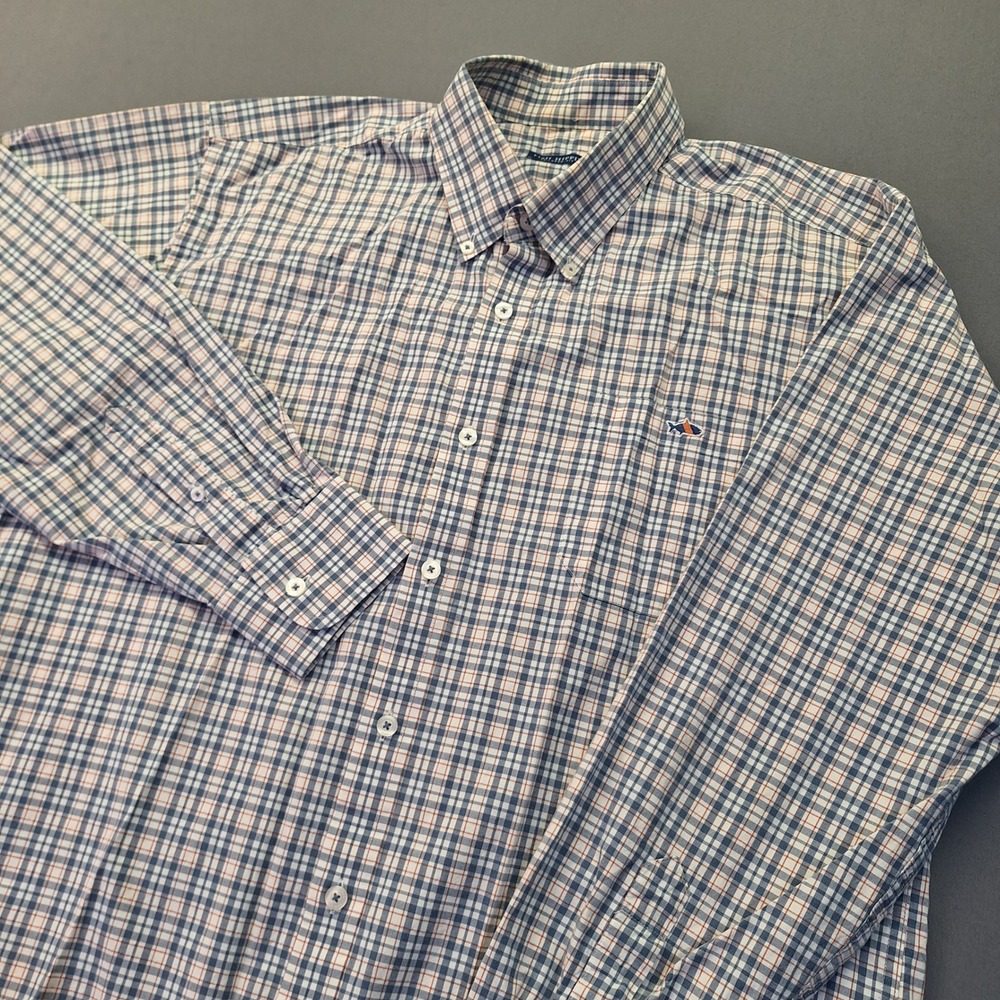 Fish Hippie Mens XL Tailored-Fit Plaid Button Down Shirt Blue Orange Cotton
